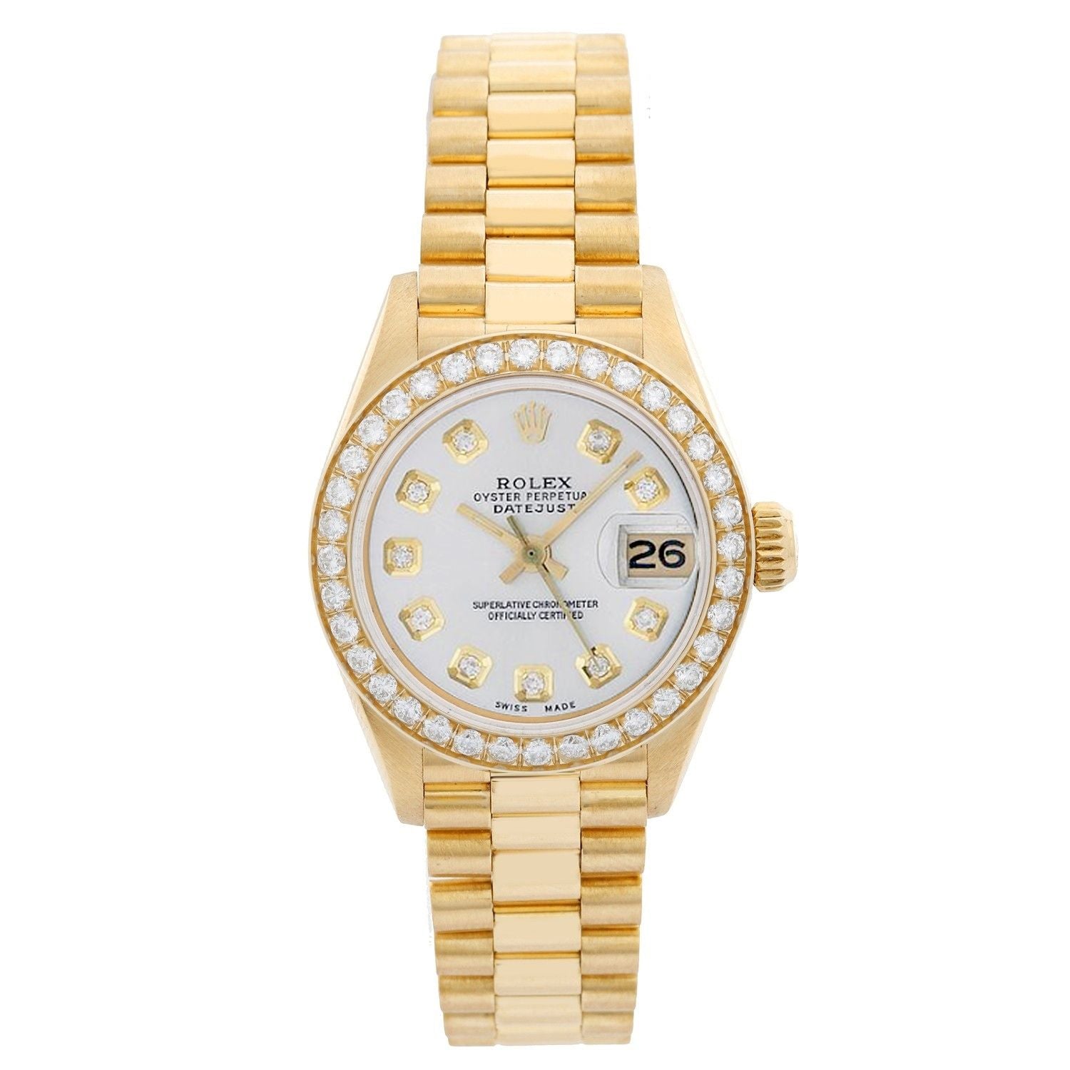 Ladies Rolex 26mm Presidential 18K Yellow Gold Watch with Mother of Pearl Diamond Dial and Diamond Bezel. (Pre-Owned)