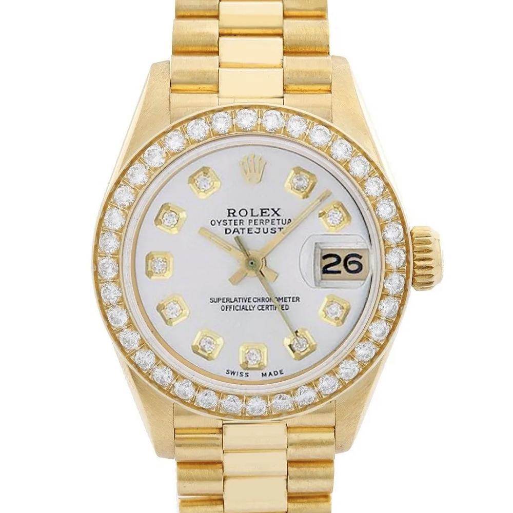 Ladies Rolex 26mm Presidential 18K Yellow Gold Watch with Mother of Pearl Diamond Dial and Diamond Bezel. (Pre-Owned)