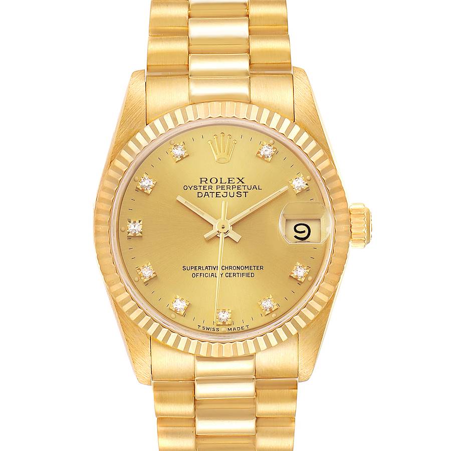 Ladies Rolex 31mm Vintage Midsize Presidential 18K Solid Yellow Gold Watch with Champagne Diamond Dial and Fluted Bezel. (Pre-Owned 68278)