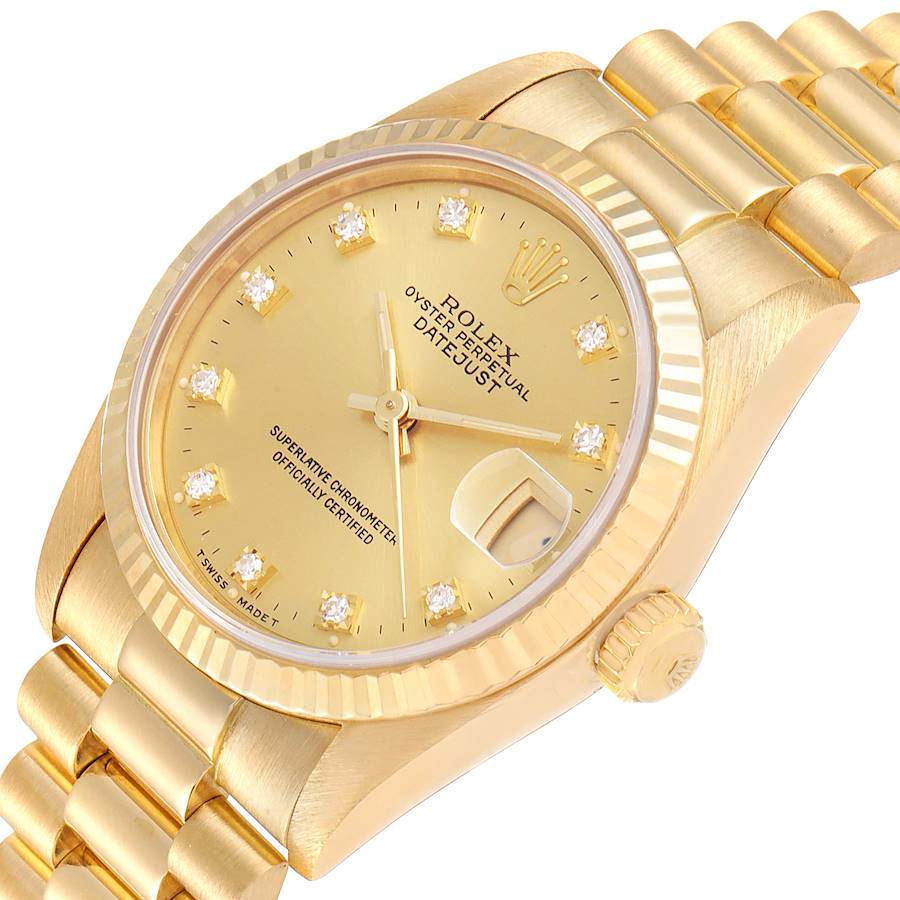 Ladies Rolex 31mm Vintage Midsize Presidential 18K Solid Yellow Gold Watch with Champagne Diamond Dial and Fluted Bezel. (Pre-Owned 68278)