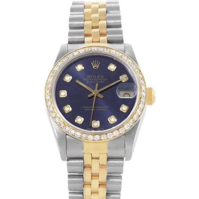 Ladies Rolex 26mm DateJust Two Tone 18K Yellow Gold Watch with Blue Diamond Dial and Custom Diamond Bezel. (Pre-Owned)