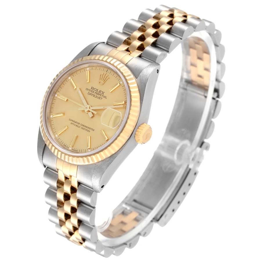 Ladies Rolex Midsize 31mm DateJust Two Tone 18K Yellow Gold / Stainless Steel Watch with Gold Dial and Fluted Bezel. (Pre-Owned 68273)