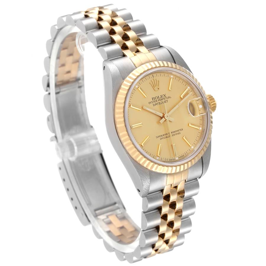 Ladies Rolex Midsize 31mm DateJust Two Tone 18K Yellow Gold / Stainless Steel Watch with Gold Dial and Fluted Bezel. (Pre-Owned 68273)