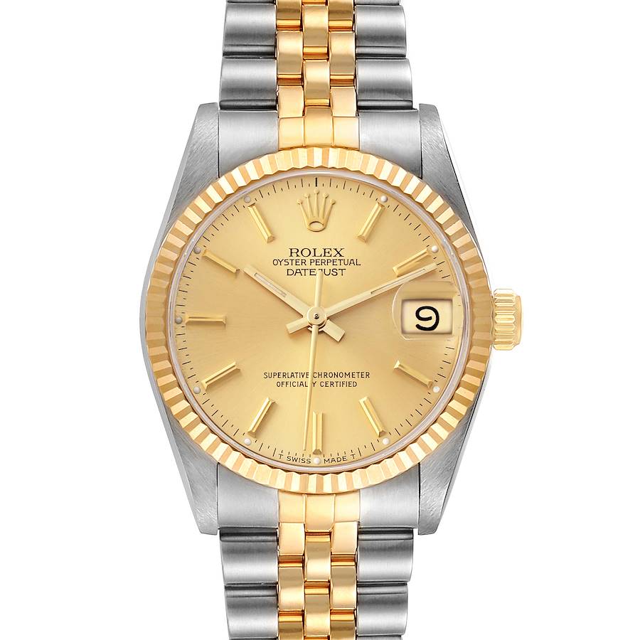 Ladies Rolex Midsize 31mm DateJust Two Tone 18K Yellow Gold / Stainless Steel Watch with Gold Dial and Fluted Bezel. (Pre-Owned 68273)