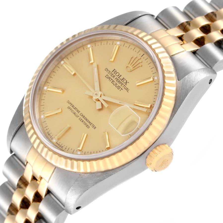 Ladies Rolex Midsize 31mm DateJust Two Tone 18K Yellow Gold / Stainless Steel Watch with Gold Dial and Fluted Bezel. (Pre-Owned 68273)