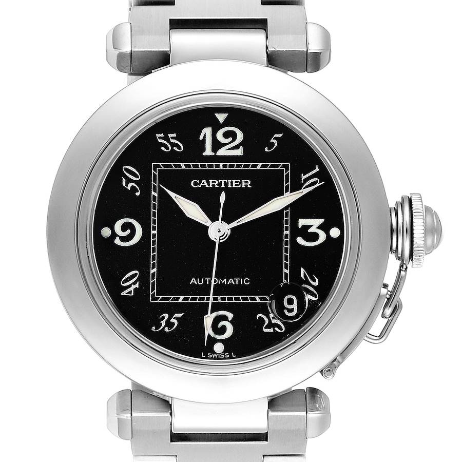 Unisex Medium 36mm Cartier Pasha Watch with Black Dial in Matte Stainless Steel. (Pre-Owned)